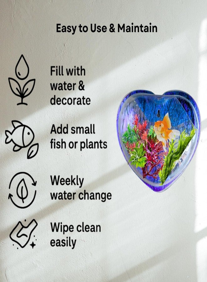 حوض سمك أزرق على شكل قلب، يُعلق على الحائط، مقاس 12 بوصة - بدون قاعدة | حوض أسماك عصري للمنزل والمكتب والمقهى | تصميم موفر للمساحة | حوض سمك أنيق وحوض نباتات | تصميم صغير الحجم - Image 5